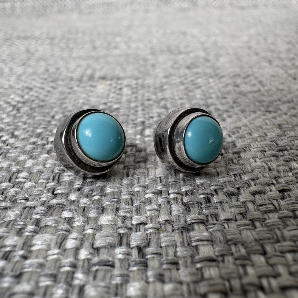 925 Sterling Silver Turquoise Stud‎ Earrings Round Cabochon Ribbed Bezel Boho